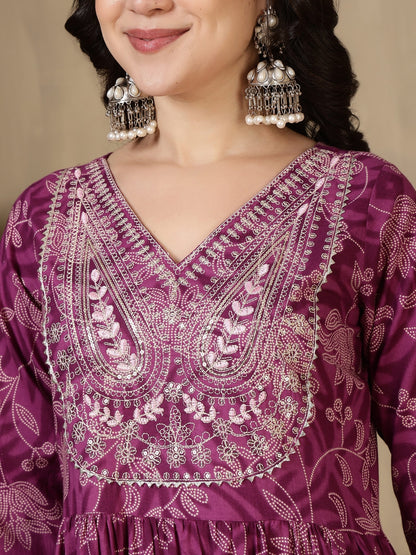 Cotton Printed Embroidered Calf Length V-Neck Anarkali Kurta, Palazzo With Dupatta Set