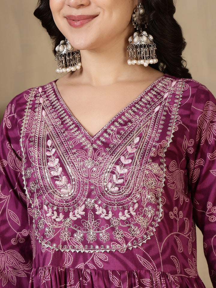 Cotton Printed Embroidered Calf Length V-Neck Anarkali Kurta, Palazzo With Dupatta Set