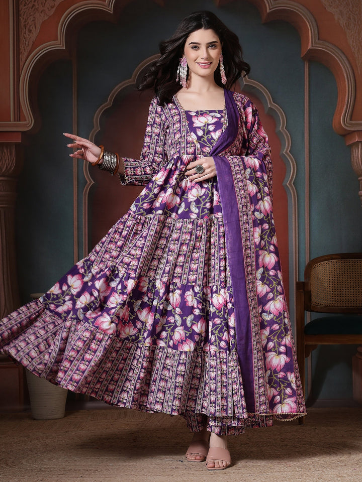 Cotton Printed Calf Length Round Neck Anarkali Kurta, Palazzo With Dupatta Set
