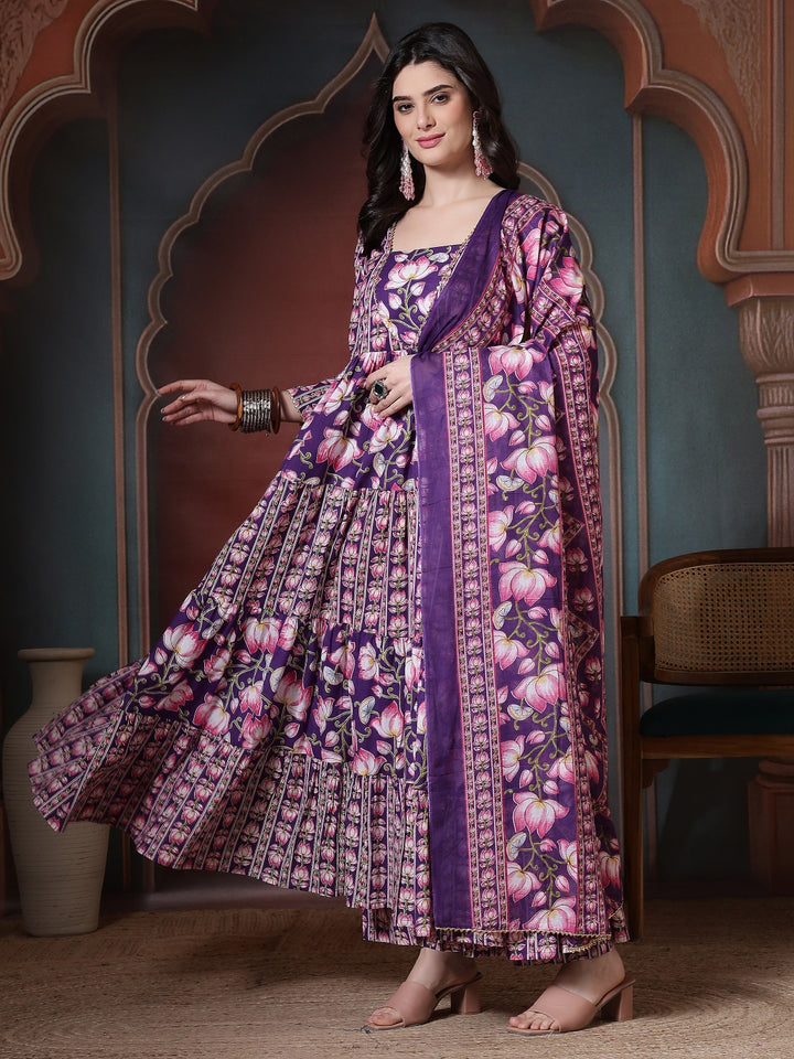 Cotton Printed Calf Length Round Neck Anarkali Kurta, Palazzo With Dupatta Set