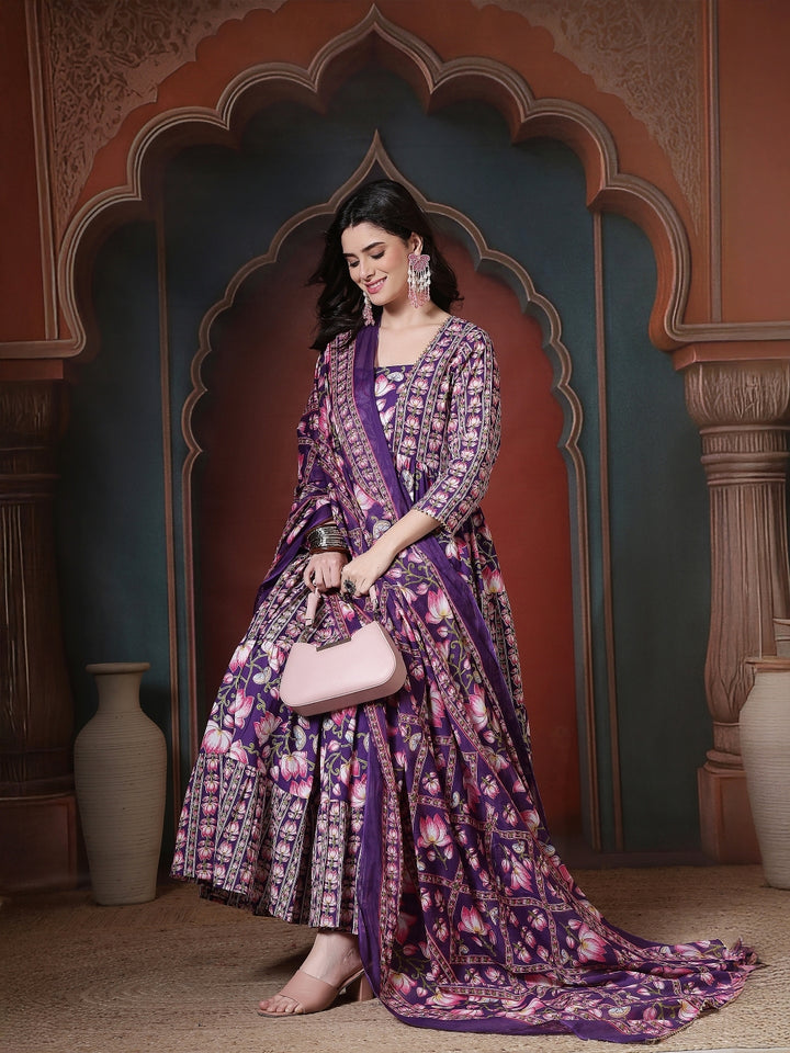 Cotton Printed Calf Length Round Neck Anarkali Kurta, Palazzo With Dupatta Set