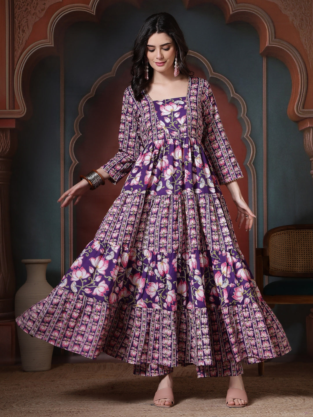 Cotton Printed Calf Length Round Neck Anarkali Kurta, Palazzo With Dupatta Set