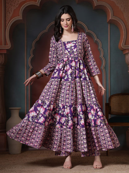 Cotton Printed Calf Length Round Neck Anarkali Kurta, Palazzo With Dupatta Set