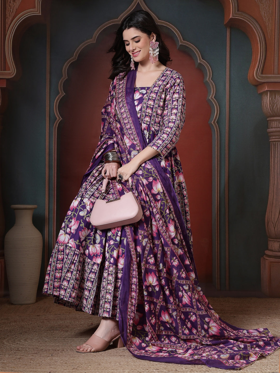 Cotton Printed Calf Length Round Neck Anarkali Kurta, Palazzo With Dupatta Set