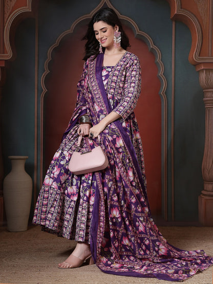 Cotton Printed Calf Length Round Neck Anarkali Kurta, Palazzo With Dupatta Set