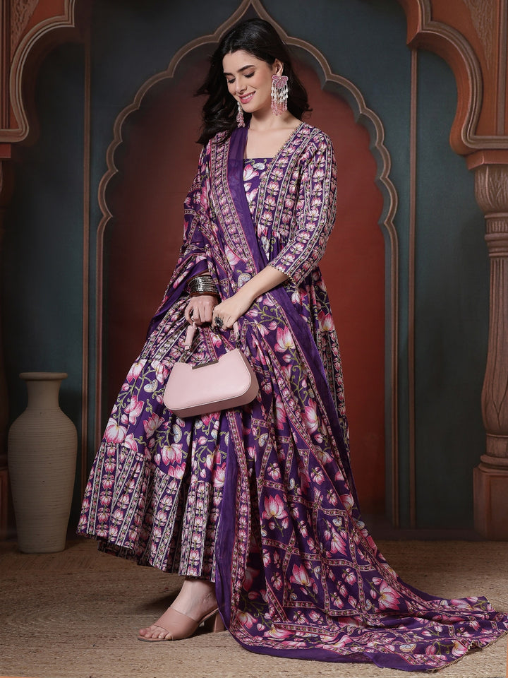 Cotton Printed Calf Length Round Neck Anarkali Kurta, Palazzo With Dupatta Set