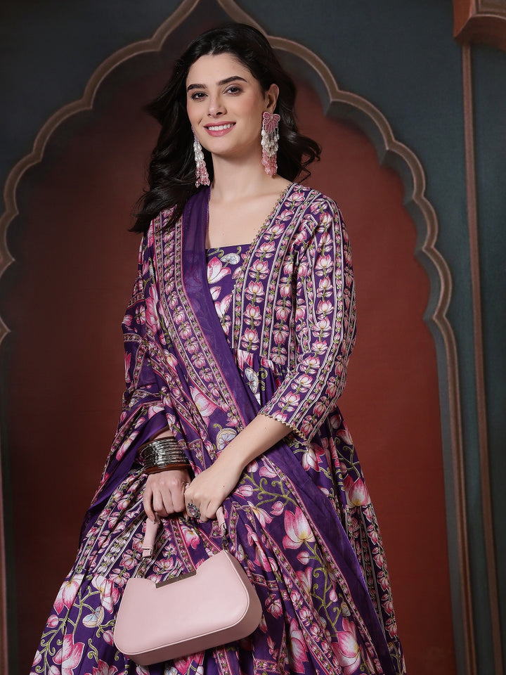 Cotton Printed Calf Length Round Neck Anarkali Kurta, Palazzo With Dupatta Set