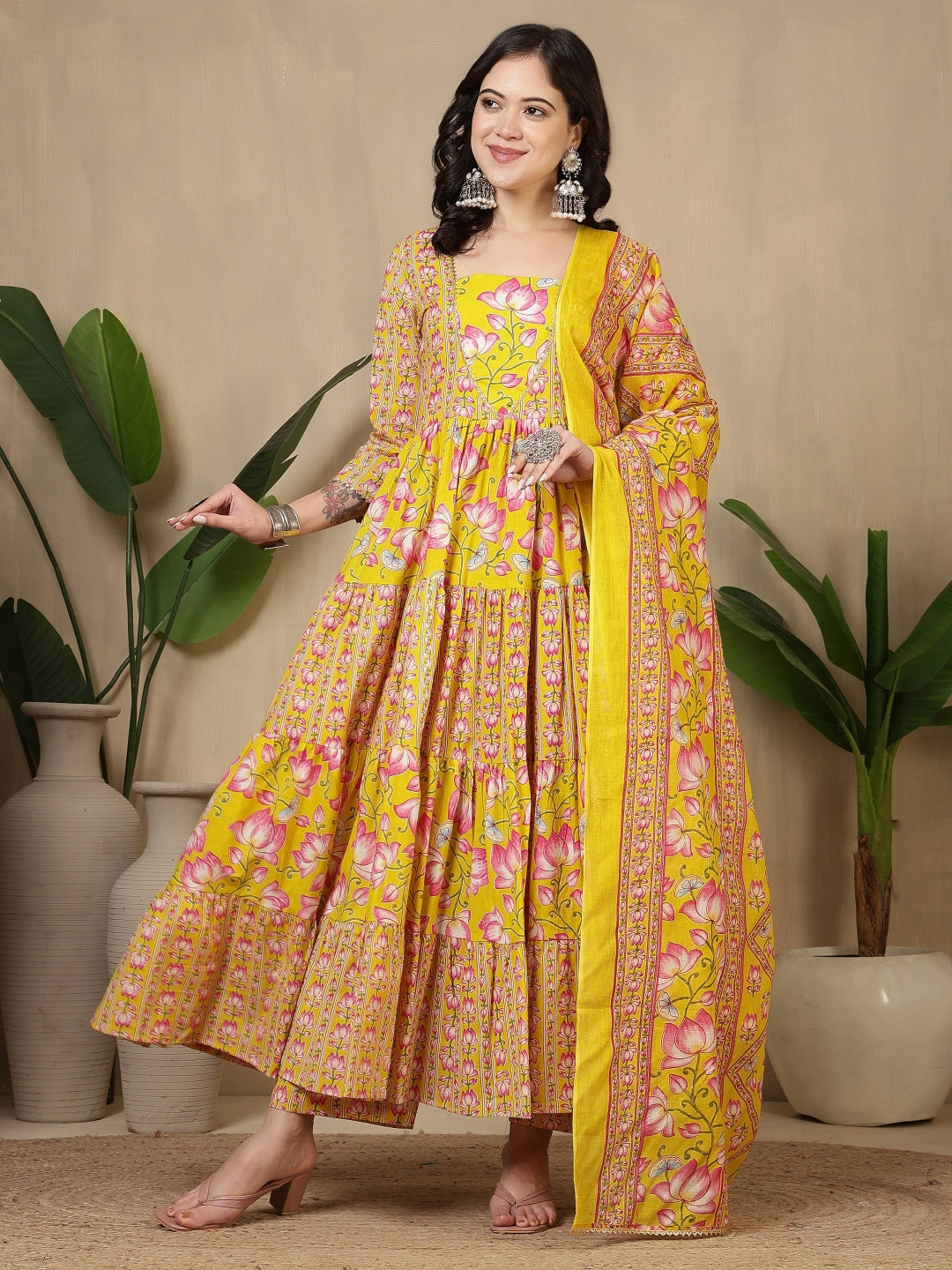 Cotton Printed Calf Length Round Neck Anarkali Kurta, Palazzo With Dupatta Set
