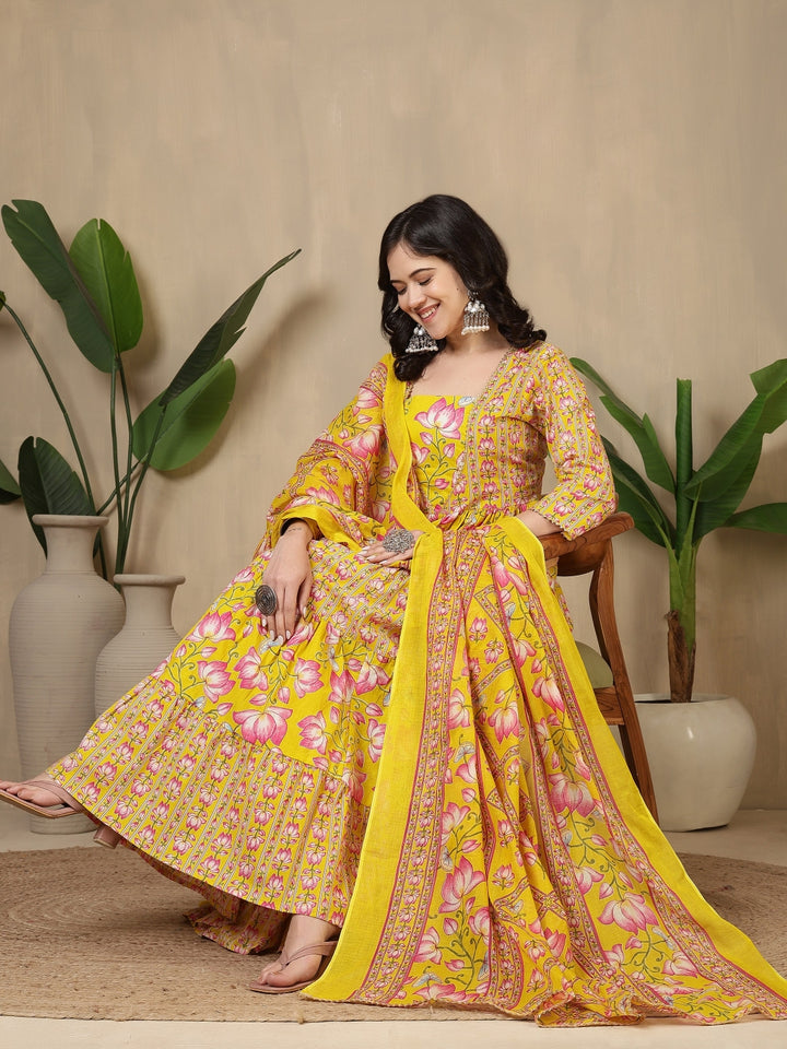 Cotton Printed Calf Length Round Neck Anarkali Kurta, Palazzo With Dupatta Set