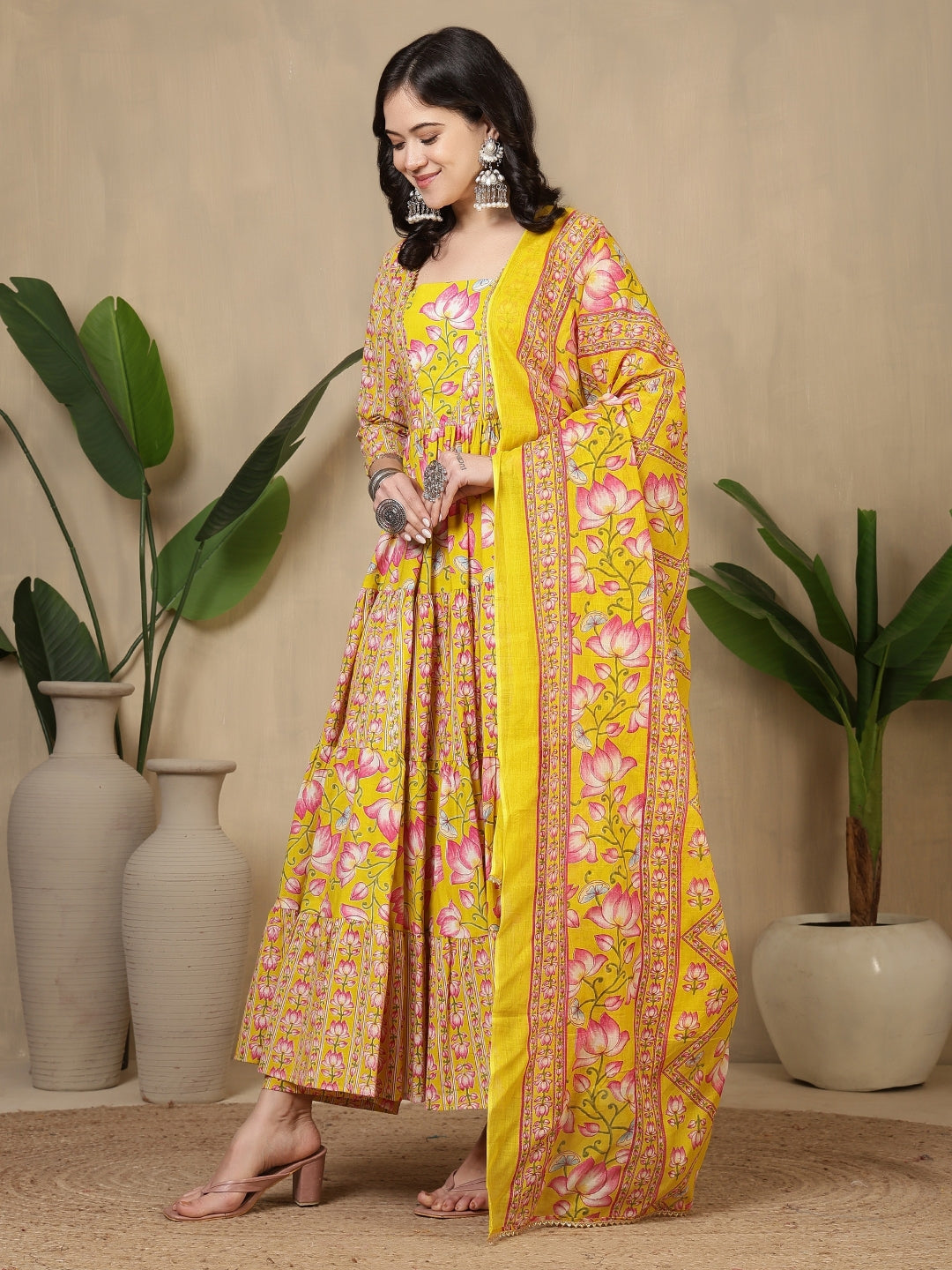 Cotton Printed Calf Length Round Neck Anarkali Kurta, Palazzo With Dupatta Set