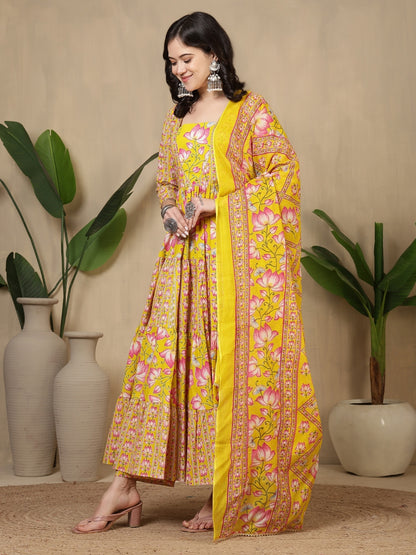 Cotton Printed Calf Length Round Neck Anarkali Kurta, Palazzo With Dupatta Set