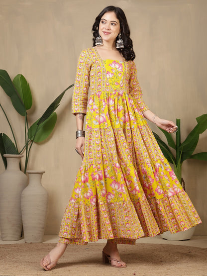 Cotton Printed Calf Length Round Neck Anarkali Kurta, Palazzo With Dupatta Set