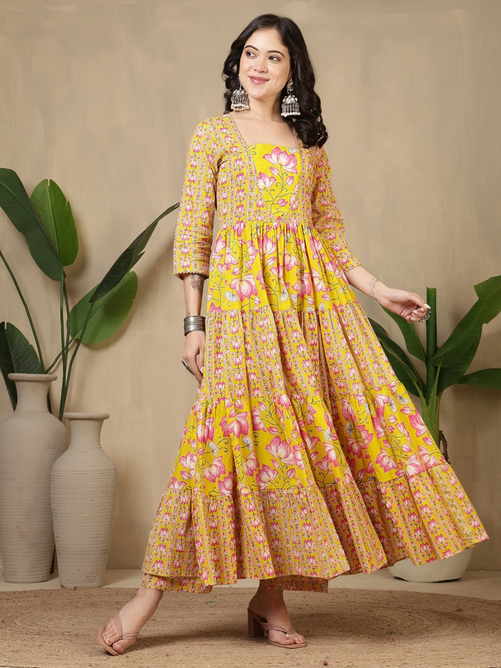 Cotton Printed Calf Length Round Neck Anarkali Kurta, Palazzo With Dupatta Set