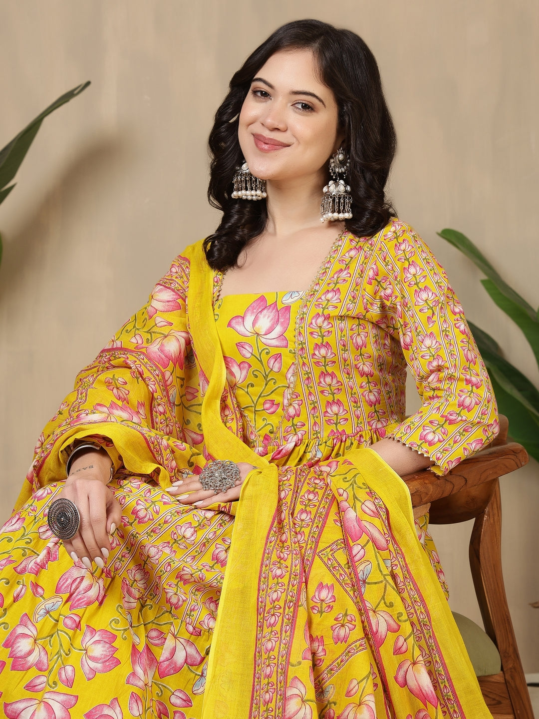 Cotton Printed Calf Length Round Neck Anarkali Kurta, Palazzo With Dupatta Set