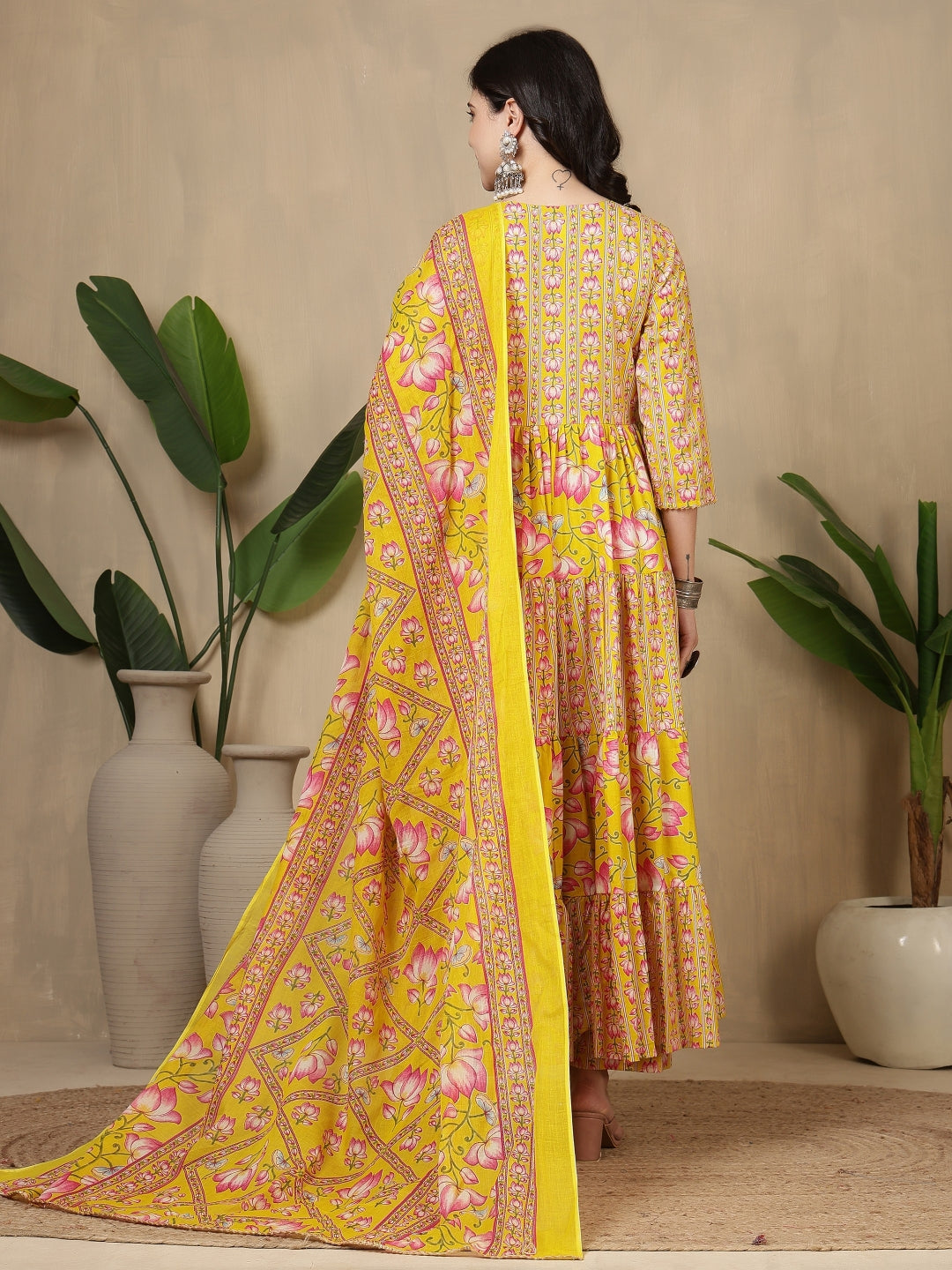Cotton Printed Calf Length Round Neck Anarkali Kurta, Palazzo With Dupatta Set