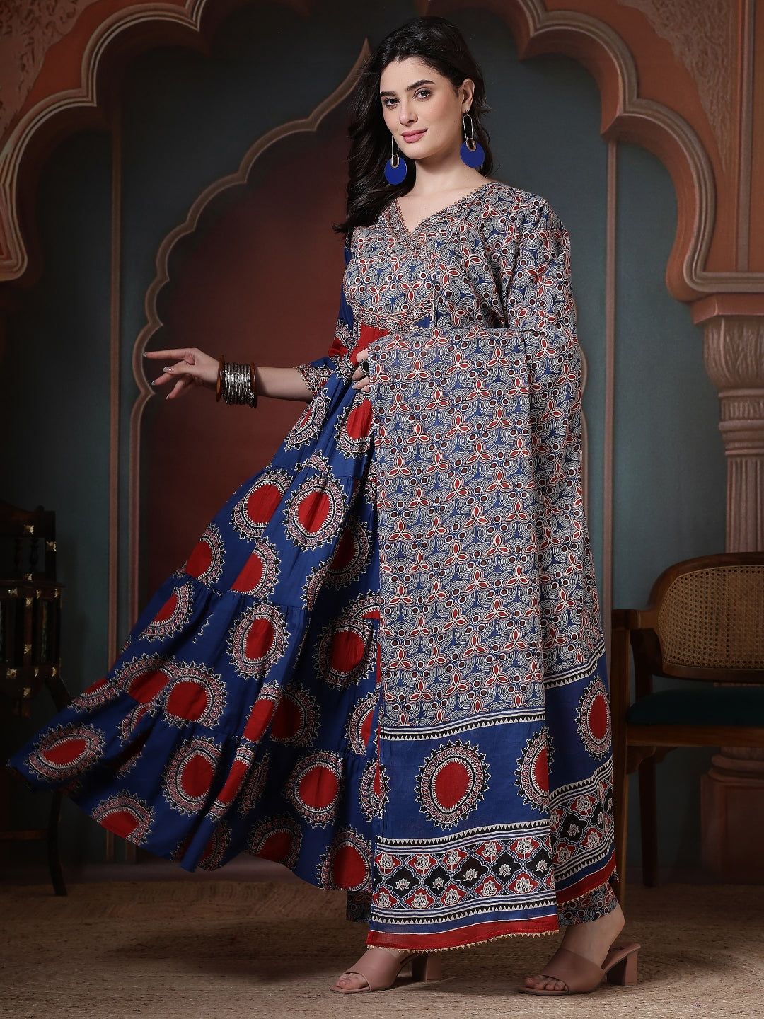 Cotton Printed Calf Length Round Neck Anarkali Kurta, Palazzo With Dupatta Set