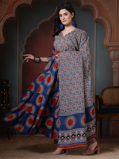 Cotton Printed Calf Length Round Neck Anarkali Kurta, Palazzo With Dupatta Set