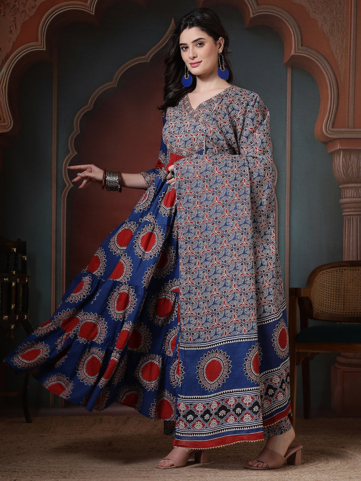 Cotton Printed Calf Length Round Neck Anarkali Kurta, Palazzo With Dupatta Set