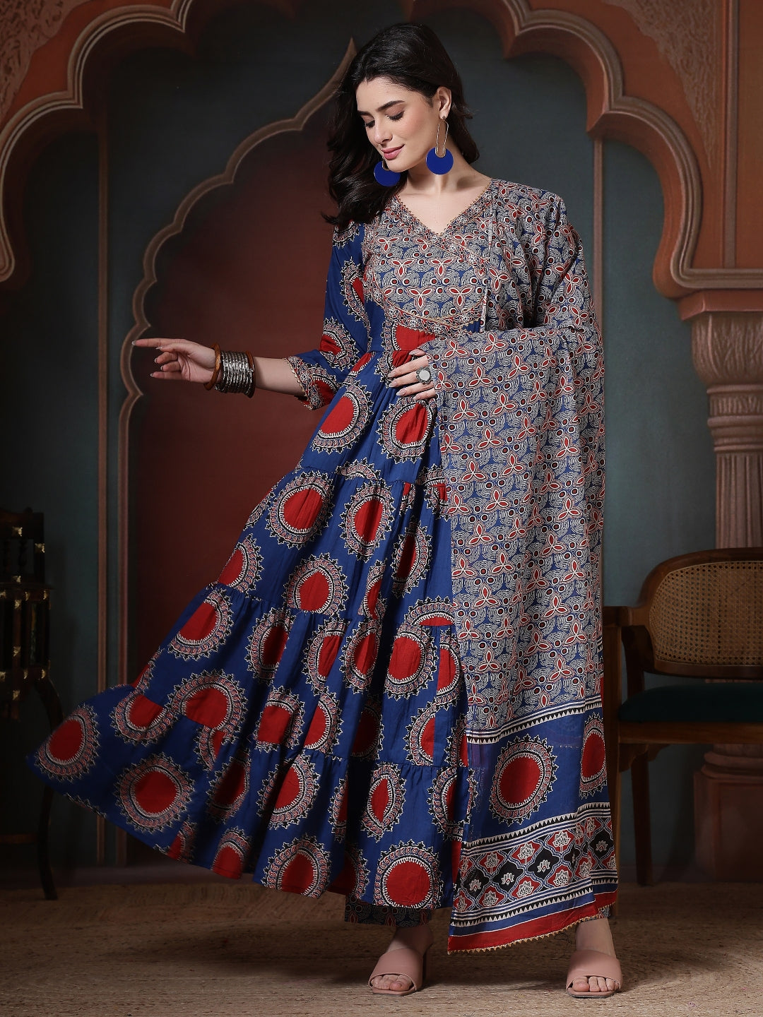 Cotton Printed Calf Length Round Neck Anarkali Kurta, Palazzo With Dupatta Set