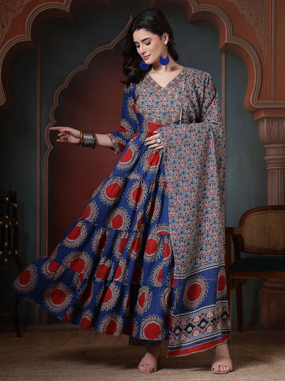 Cotton Printed Calf Length Round Neck Anarkali Kurta, Palazzo With Dupatta Set