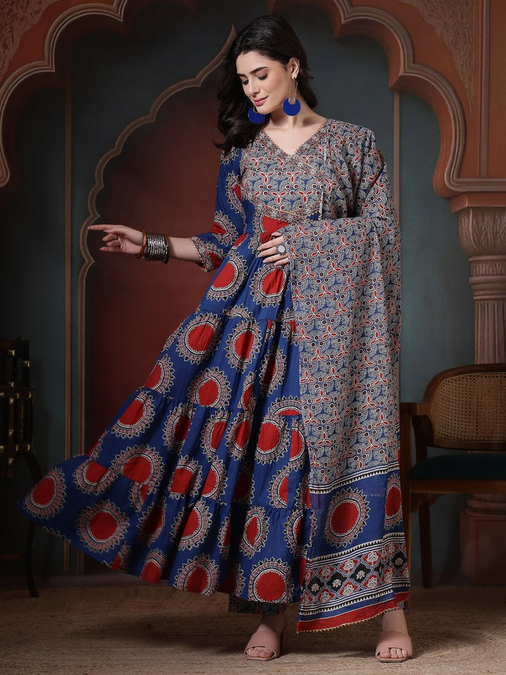 Cotton Printed Calf Length Round Neck Anarkali Kurta, Palazzo With Dupatta Set