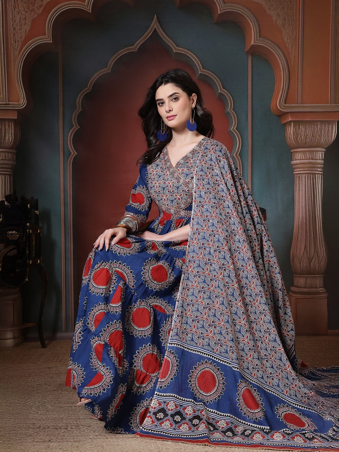 Cotton Printed Calf Length Round Neck Anarkali Kurta, Palazzo With Dupatta Set