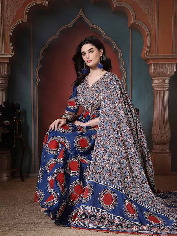 Cotton Printed Calf Length Round Neck Anarkali Kurta, Palazzo With Dupatta Set