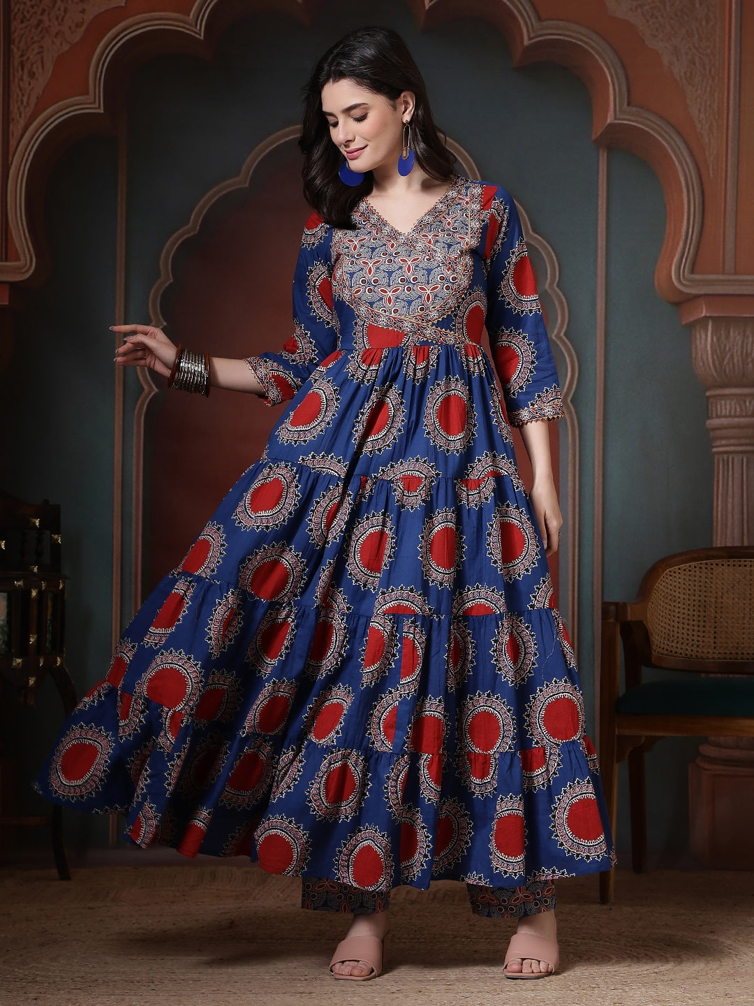 Cotton Printed Calf Length Round Neck Anarkali Kurta, Palazzo With Dupatta Set