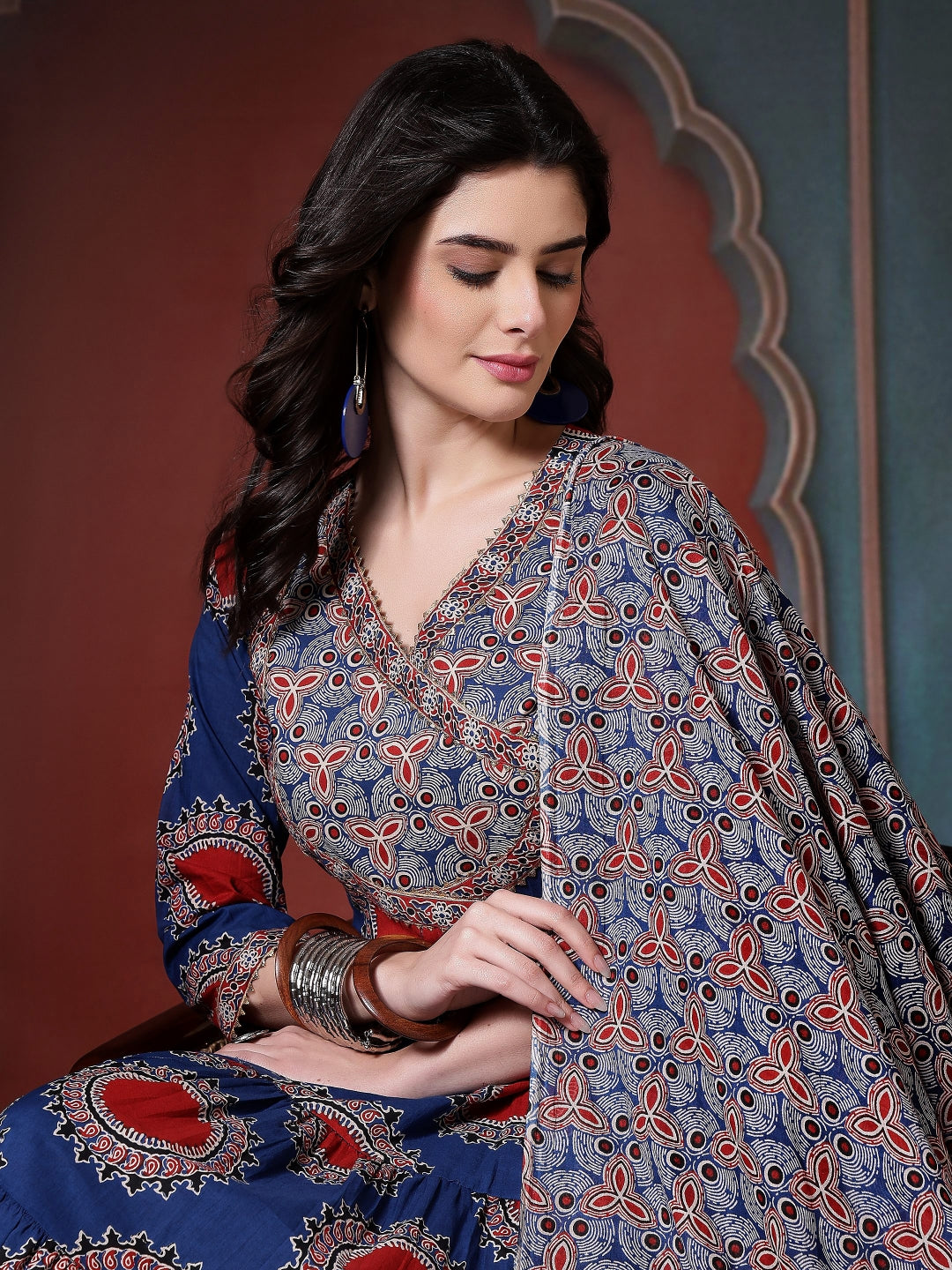 Cotton Printed Calf Length Round Neck Anarkali Kurta, Palazzo With Dupatta Set