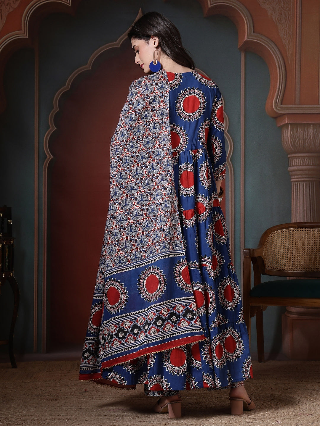 Cotton Printed Calf Length Round Neck Anarkali Kurta, Palazzo With Dupatta Set