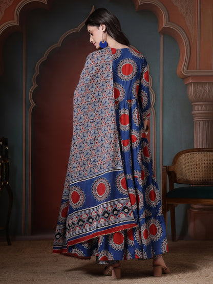 Cotton Printed Calf Length Round Neck Anarkali Kurta, Palazzo With Dupatta Set