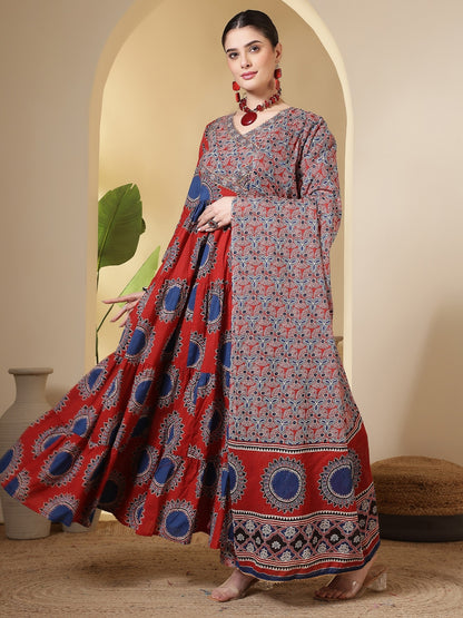 Cotton Printed Calf Length Round Neck Anarkali Kurta, Palazzo With Dupatta Set
