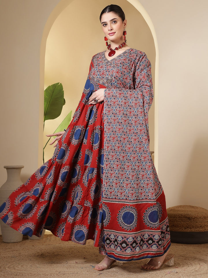 Cotton Printed Calf Length Round Neck Anarkali Kurta, Palazzo With Dupatta Set