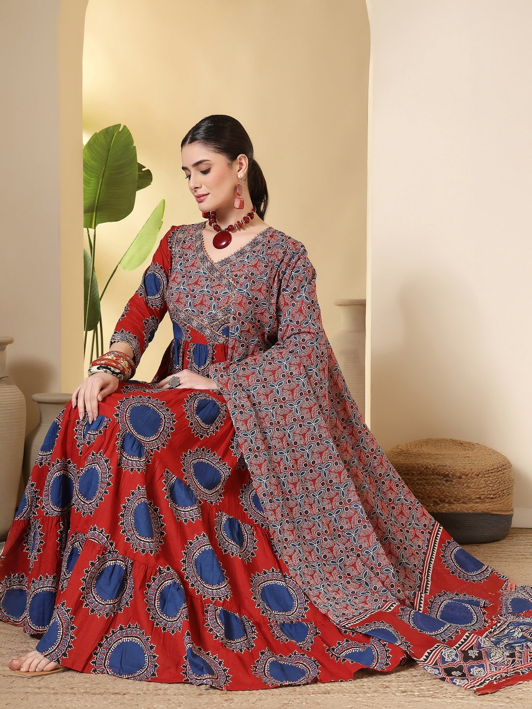 Cotton Printed Calf Length Round Neck Anarkali Kurta, Palazzo With Dupatta Set