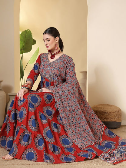Cotton Printed Calf Length Round Neck Anarkali Kurta, Palazzo With Dupatta Set