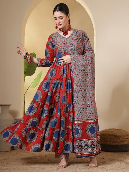 Cotton Printed Calf Length Round Neck Anarkali Kurta, Palazzo With Dupatta Set