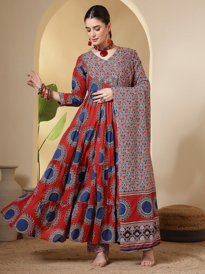 Cotton Printed Calf Length Round Neck Anarkali Kurta, Palazzo With Dupatta Set