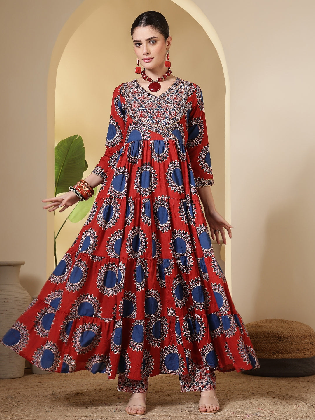 Cotton Printed Calf Length Round Neck Anarkali Kurta, Palazzo With Dupatta Set
