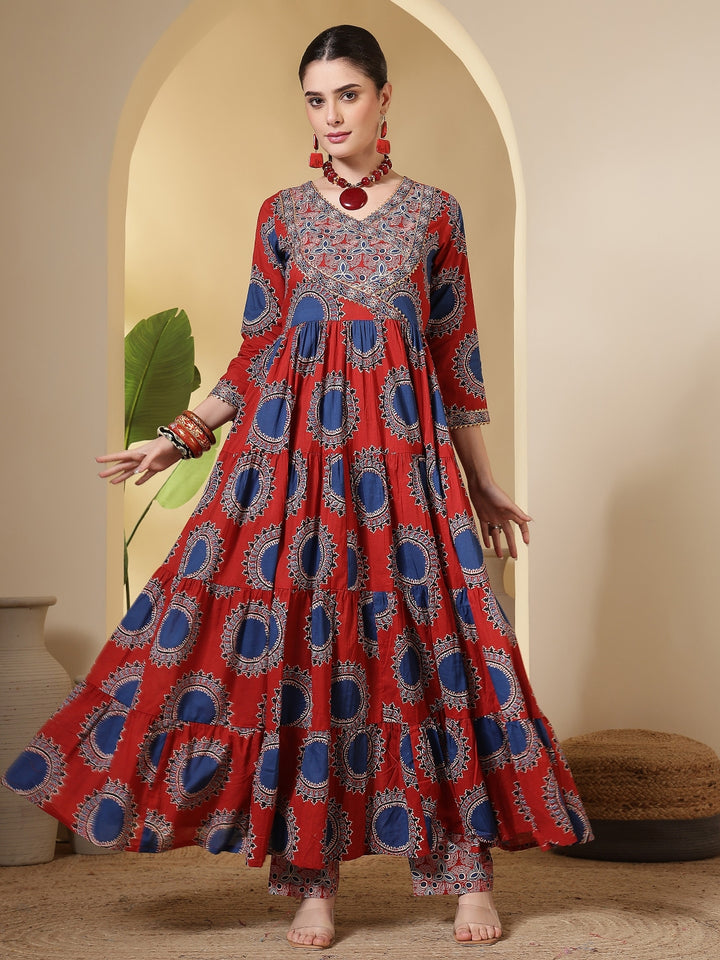 Cotton Printed Calf Length Round Neck Anarkali Kurta, Palazzo With Dupatta Set