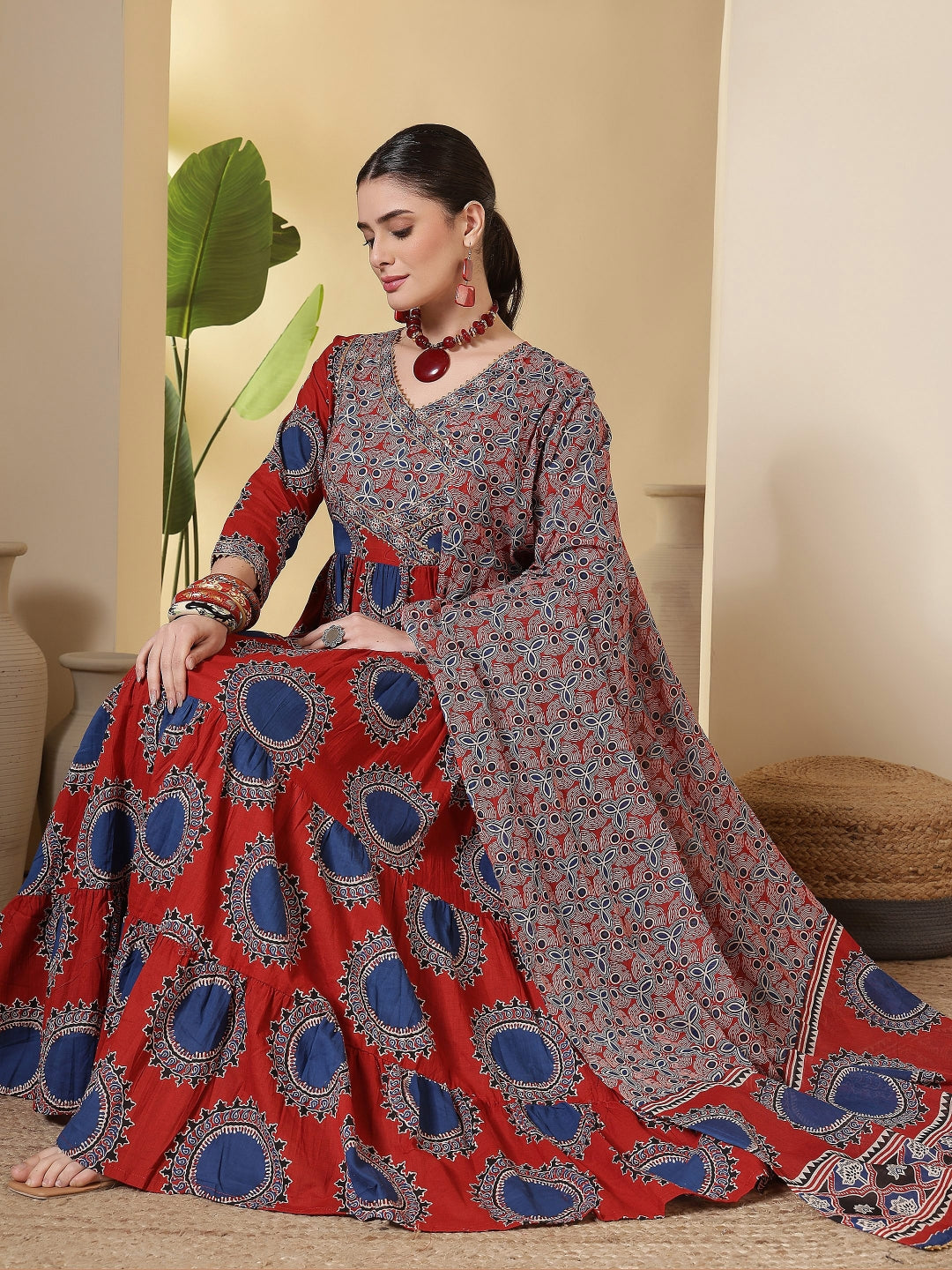 Cotton Printed Calf Length Round Neck Anarkali Kurta, Palazzo With Dupatta Set