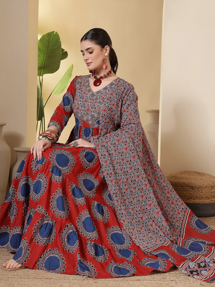 Cotton Printed Calf Length Round Neck Anarkali Kurta, Palazzo With Dupatta Set