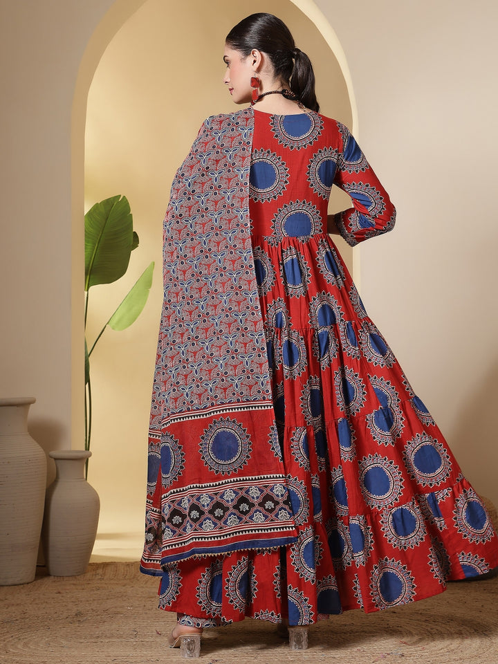 Cotton Printed Calf Length Round Neck Anarkali Kurta, Palazzo With Dupatta Set