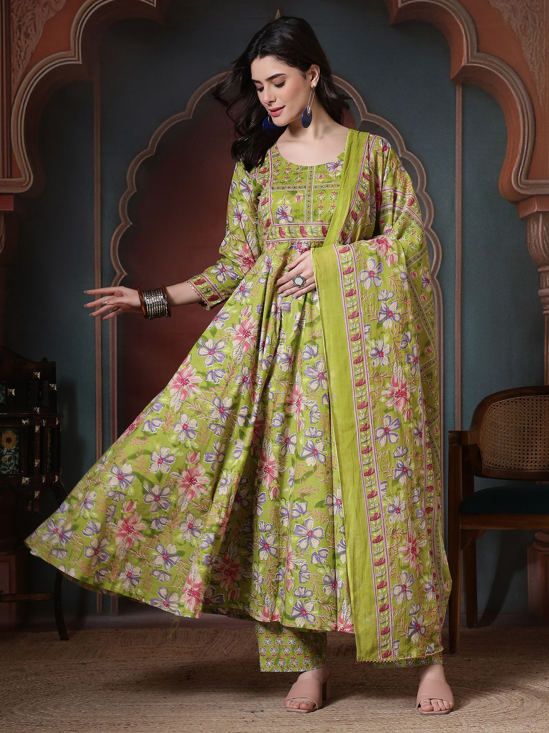 Cotton Printed Calf Length Round Neck Anarkali Kurta, Palazzo With Dupatta Set