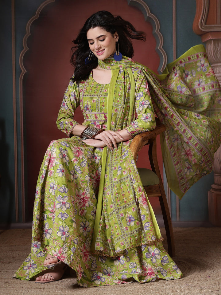 Cotton Printed Calf Length Round Neck Anarkali Kurta, Palazzo With Dupatta Set