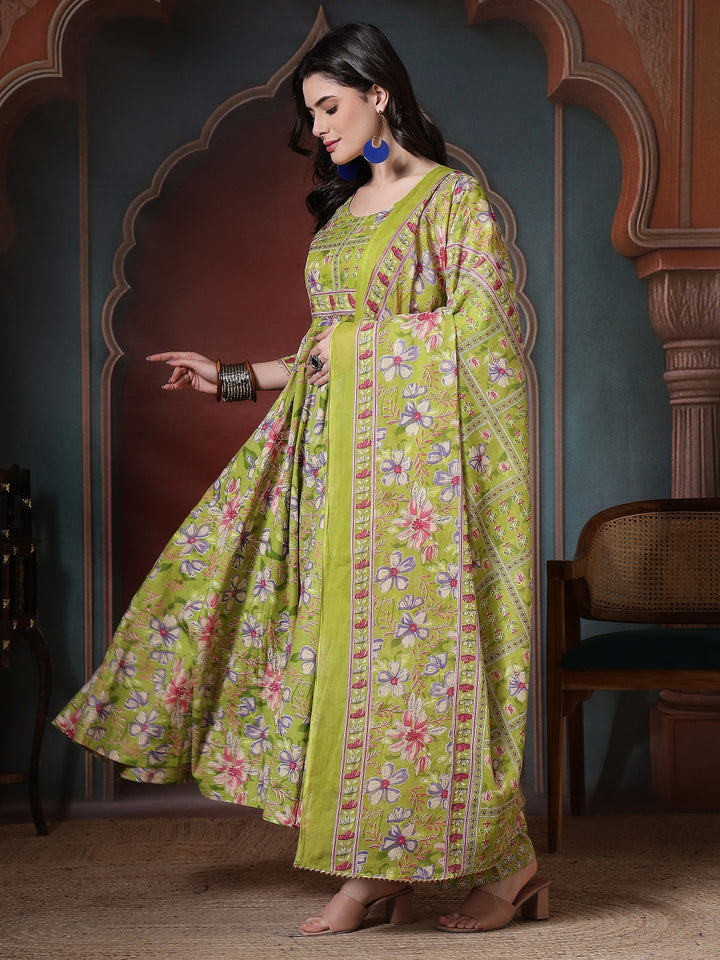 Cotton Printed Calf Length Round Neck Anarkali Kurta, Palazzo With Dupatta Set