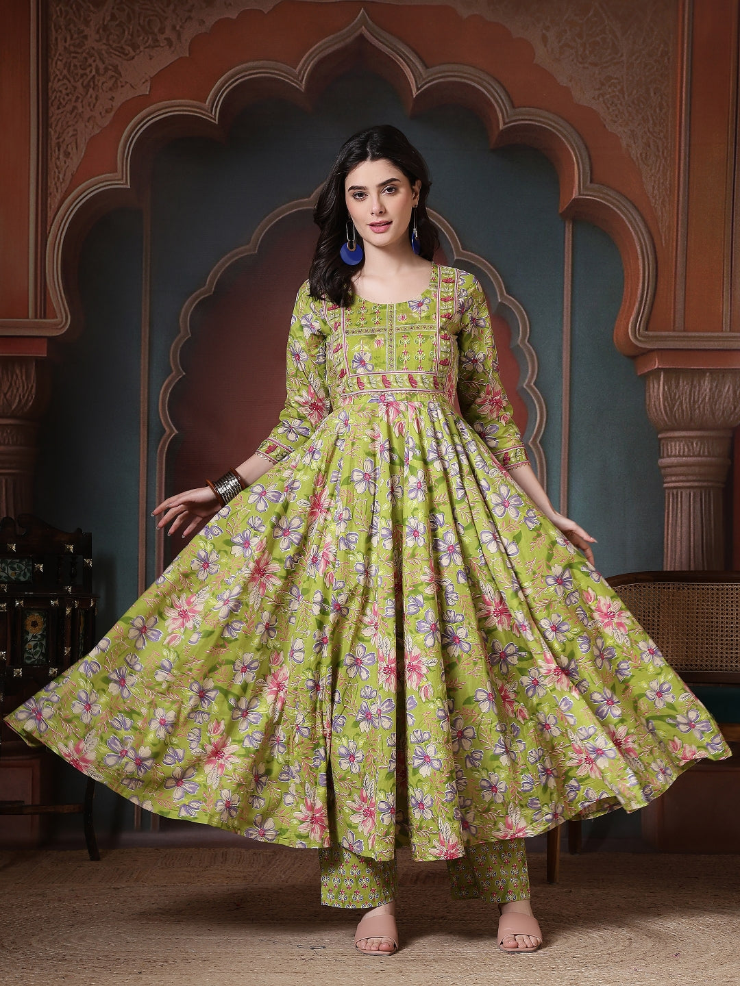 Cotton Printed Calf Length Round Neck Anarkali Kurta, Palazzo With Dupatta Set