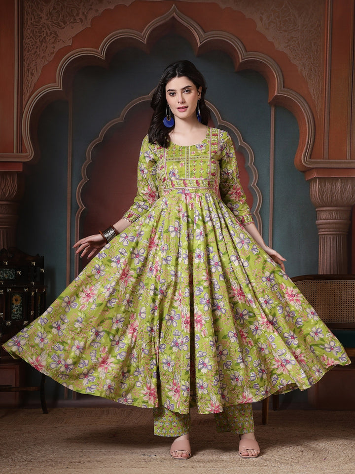 Cotton Printed Calf Length Round Neck Anarkali Kurta, Palazzo With Dupatta Set