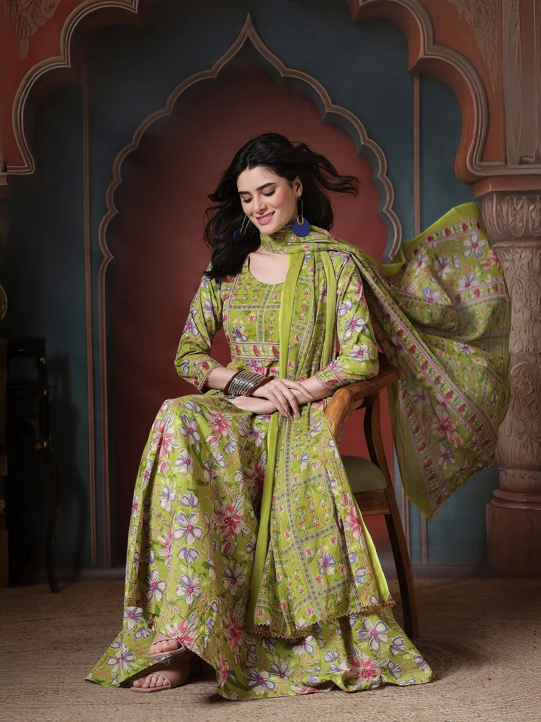 Cotton Printed Calf Length Round Neck Anarkali Kurta, Palazzo With Dupatta Set