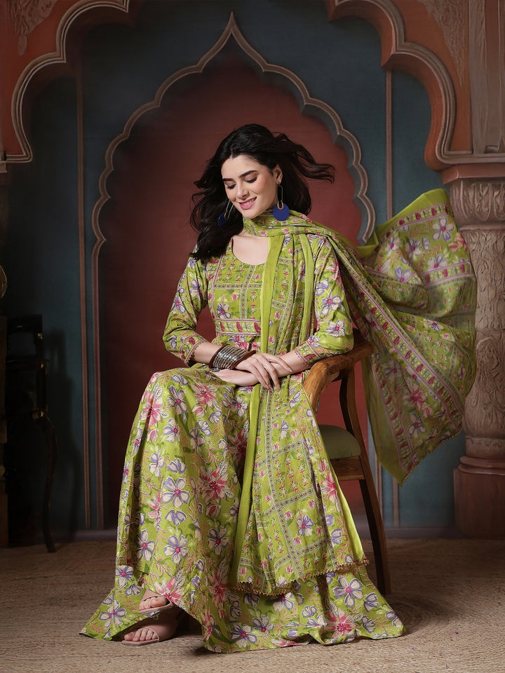 Cotton Printed Calf Length Round Neck Anarkali Kurta, Palazzo With Dupatta Set