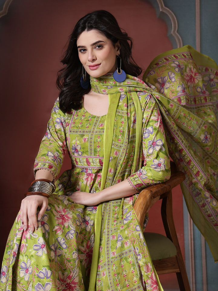 Cotton Printed Calf Length Round Neck Anarkali Kurta, Palazzo With Dupatta Set